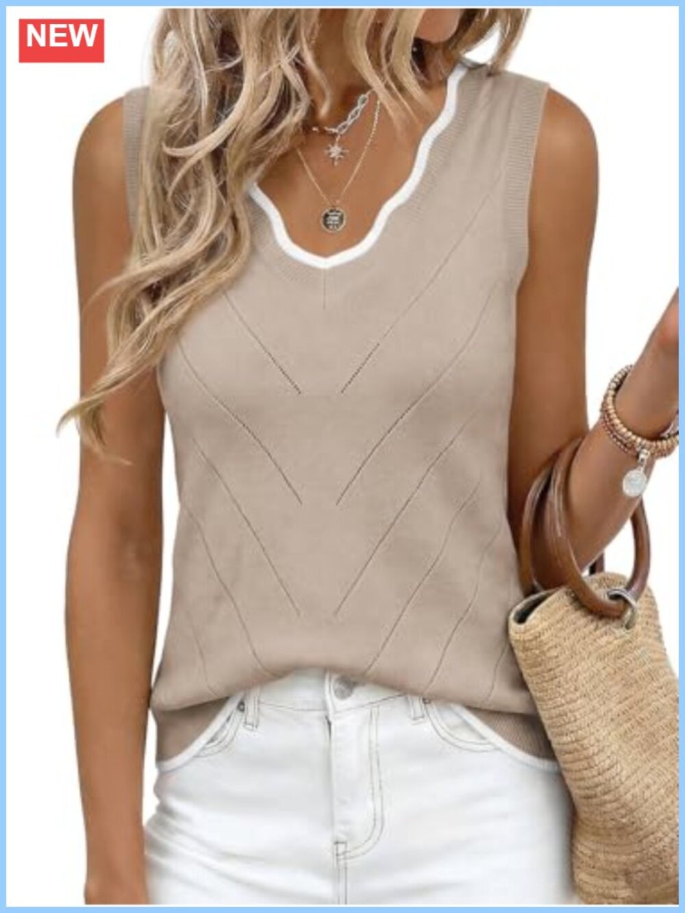 Women's Ribbed Knit Sleeveless Tank Top V Neck Ruffle Hollow Out Summer